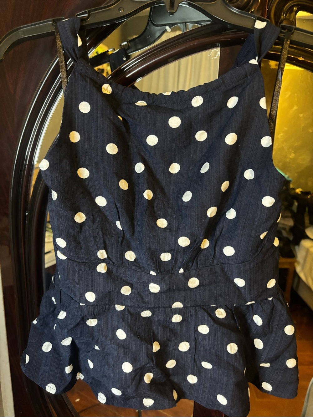 Monteau Navy and White Polka Dot Peplum Tank